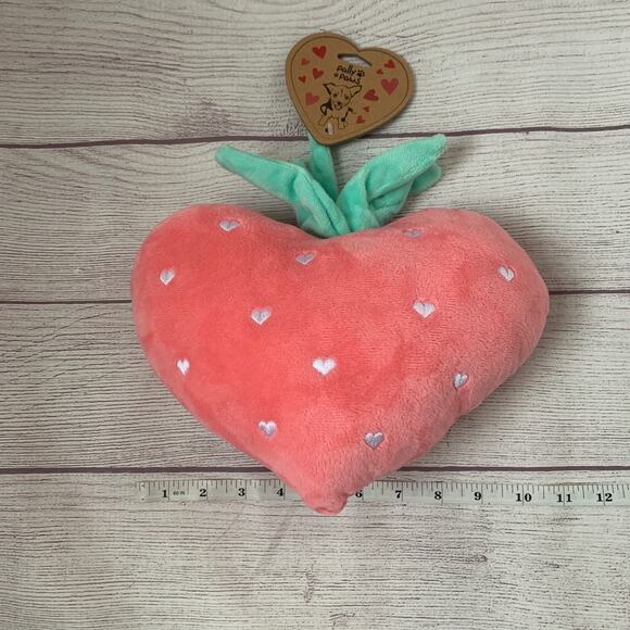 Pally Paws Pink Heart Shaped Strawberry Plush Dog Toy with Embroidered Hearts - Picture 9 of 12